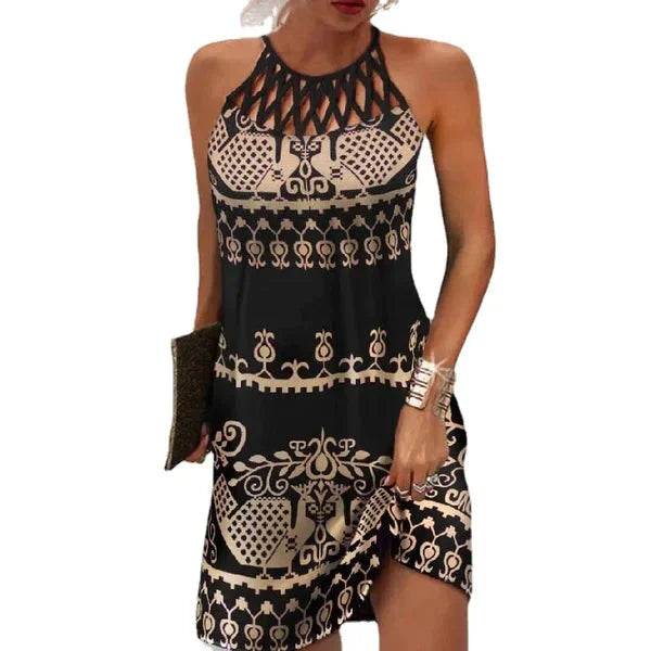 Damen Ärmelloses Halterneck Sommerkleid mit Ethnomuster in Grün, leichter Stoff mit auffälligem Muster, perfekt für den…