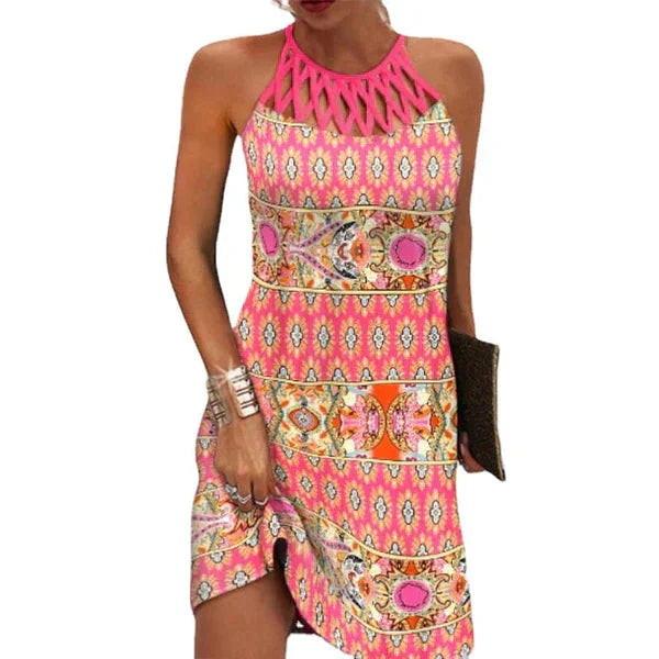 Damen Ärmelloses Halterneck Sommerkleid in Khaki mit Ethnomuster, leichter Stoff, knielang, perfekt für den Sommer.