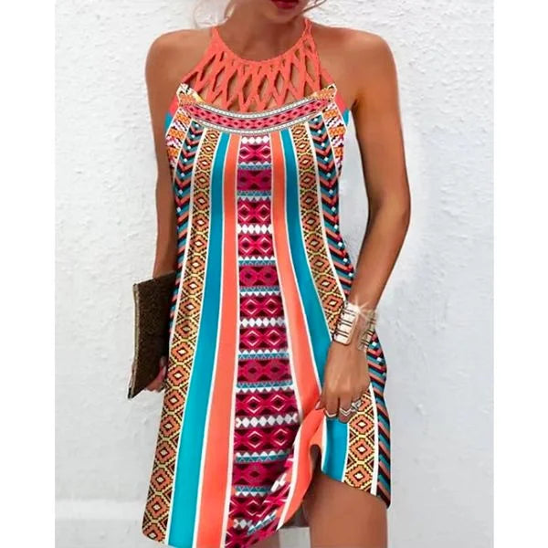 Damen Ärmelloses Halterneck Sommerkleid mit Ethnomuster in Orange, leichtes Baumwollmaterial, ethnische Muster, perfekt für…