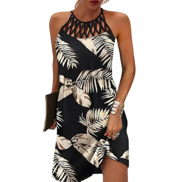 Rosa ärmelloses Halterneck-Sommerkleid für Damen mit Ethnomuster in leichtem Stoff, perfekt für den Sommer.