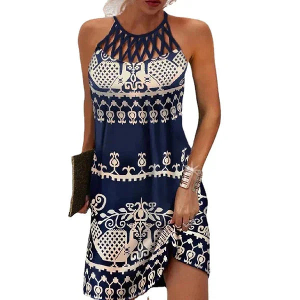 Schwarzes Damen Sommerkleid mit Ethnomuster, ärmellos, Halterneck, ideal für den Sommer, leichter Stoff.