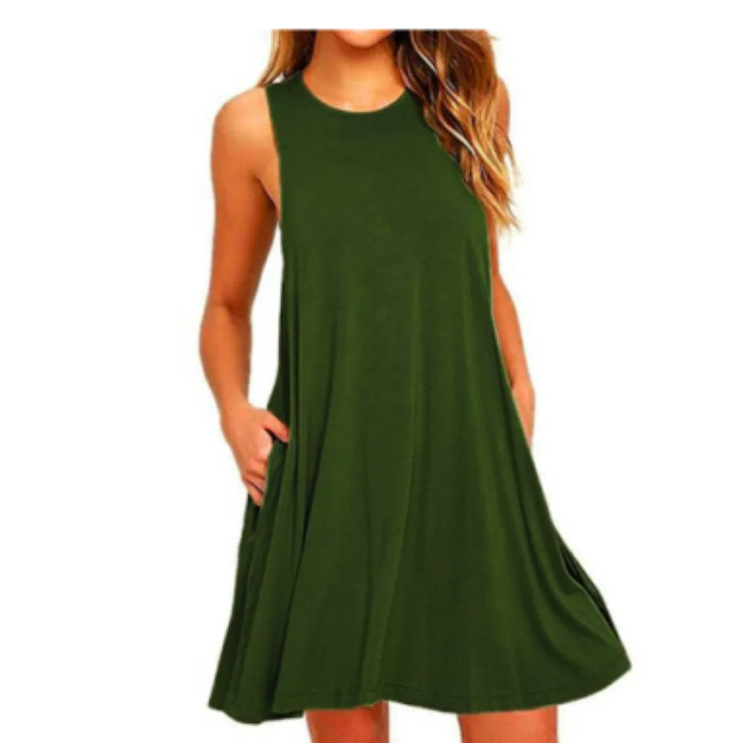 Damen ärmelloses Swing-Kleid in Armee Grün mit Rundhalsausschnitt, Freizeitmode. Leichter Stoff, schwingender Schnitt,…