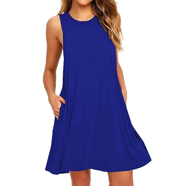 Blau Damen Ärmelloses Swing-Kleid aus weichem Stoff mit Rundhalsausschnitt und lässigem, trendigem Design.