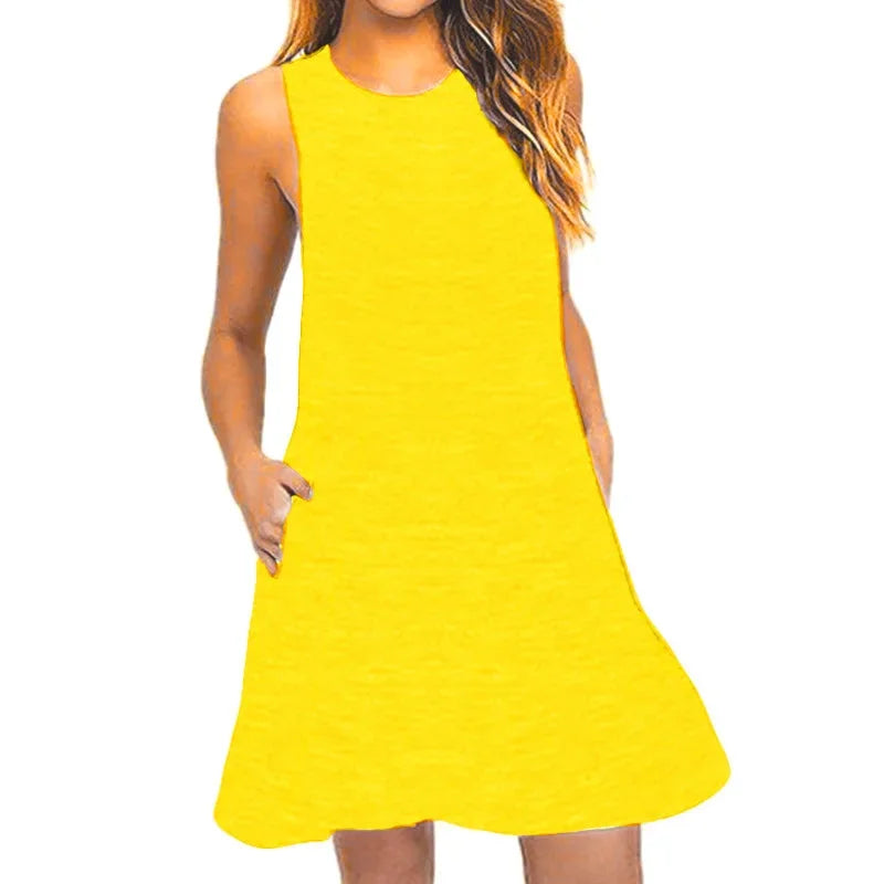 Gelbes ärmelloses Swing-Kleid für Damen aus Baumwolle mit Rundhalsausschnitt für lässige Freizeitlooks.