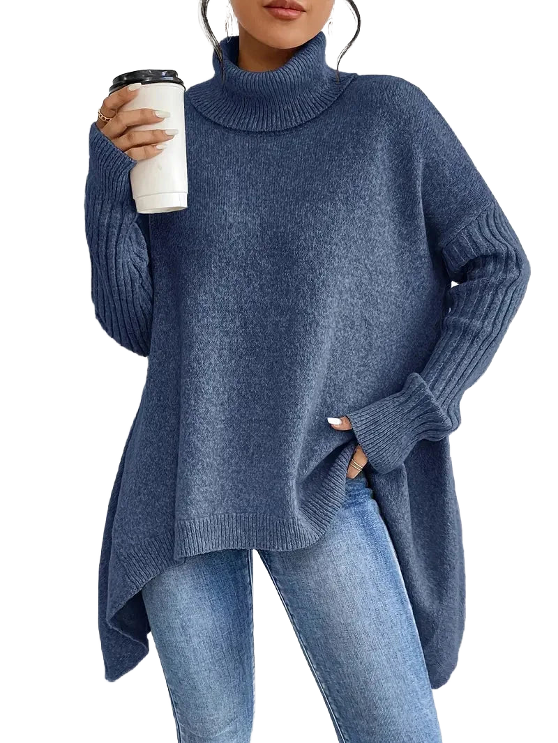 Meeresblauer Damen Rollkragenpullover aus weichem Material, mit langen Ärmeln und lockerer Passform für hohen Tragekomfort.