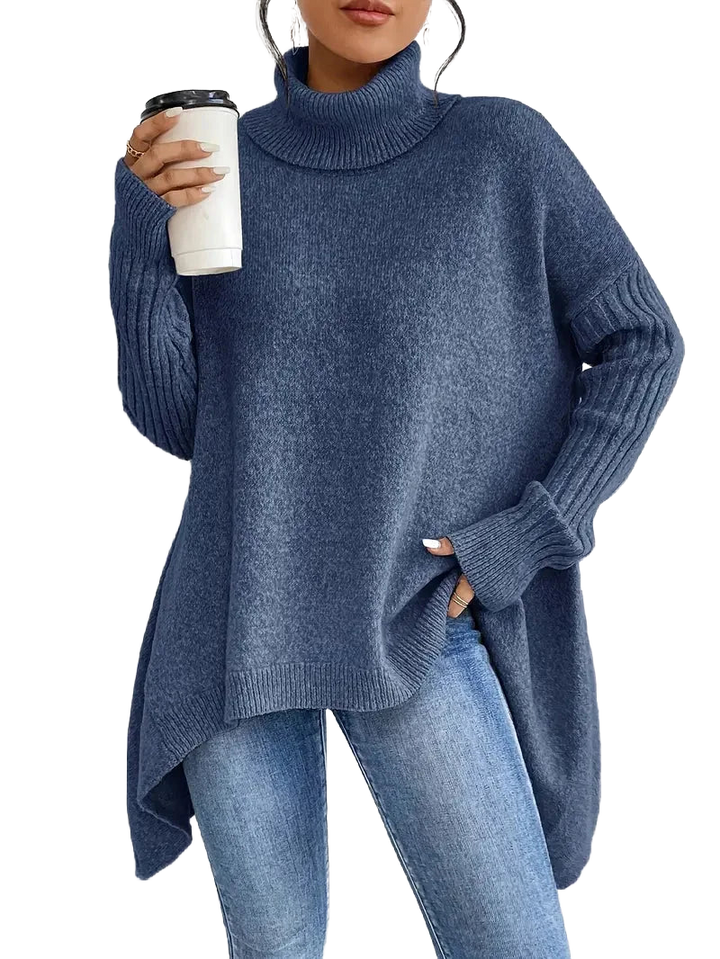 Meeresblauer Damen Rollkragenpullover aus weichem Material, mit langen Ärmeln und lockerer Passform für hohen Tragekomfort.