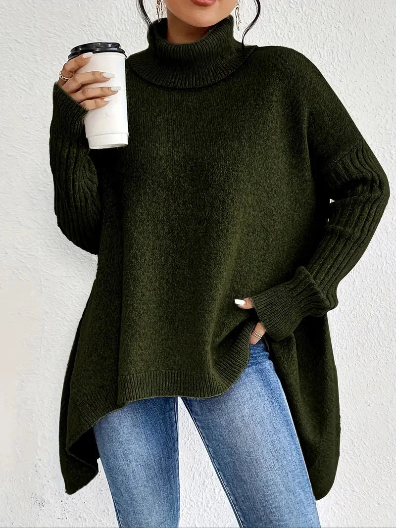 Damen Rollkragenpullover in Tannengrün, aus weichem Strickmaterial, mit langen Ärmeln und lockerer Passform für bequemes…