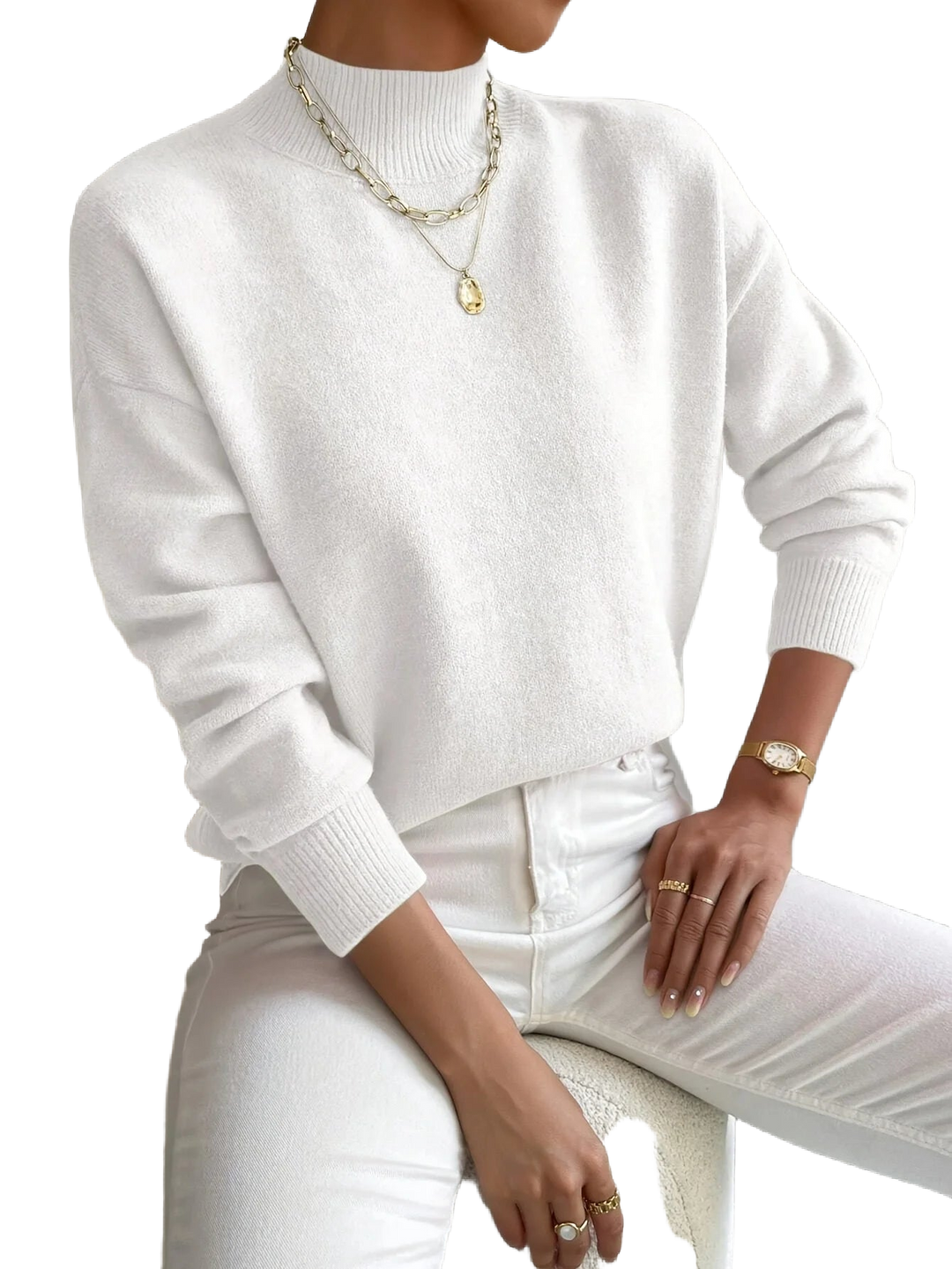 Weißer Damen Rollkragenpullover aus weicher, atmungsaktiver Baumwolle mit lässigem Schnitt und langem Arm. Ideal für kühle…