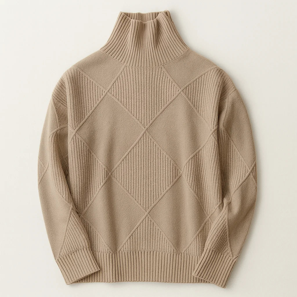 Brauner Damen Rollkragenpullover mit Rautenmuster, aus weicher Wolle, ideal für kalte Wintertage.