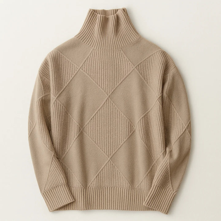 Brauner Damen Rollkragenpullover mit Rautenmuster, aus weicher Wolle, ideal für kalte Wintertage.