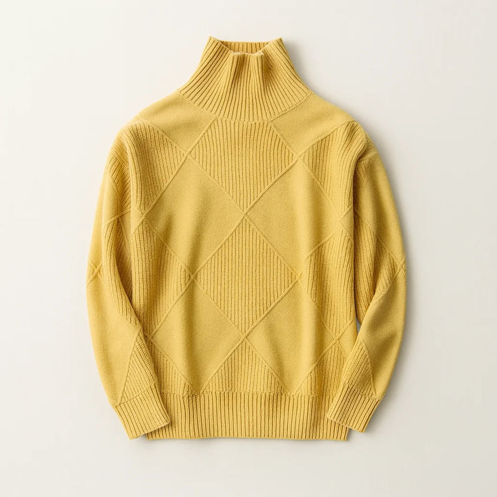 Damen Rollkragenpullover in Gelb, aus warmem Material, mit Rautenmuster und langen Ärmeln, ideal für kalte Wintertage.