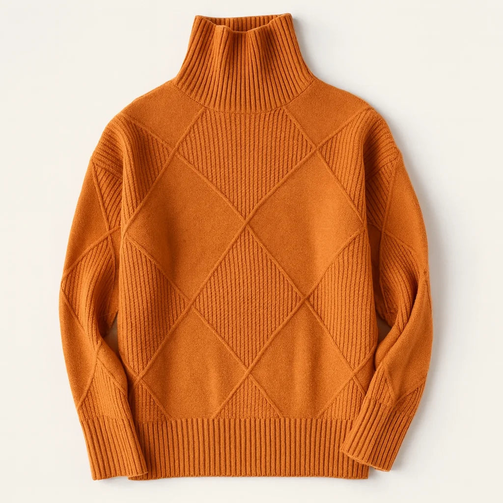 Damen Rollkragenpullover in Orange mit Rautenmuster, aus hochwertiger Baumwolle, ideal für kalte Wintertage.