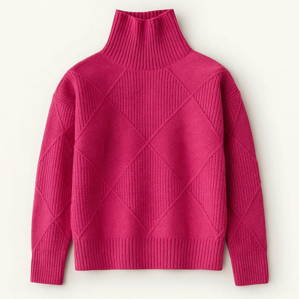 Rosa Damen Rollkragenpullover mit Rautenmuster, aus weichem Material, ideal für kalte Wintertage.