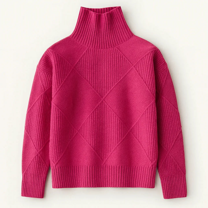 Rosa Damen Rollkragenpullover mit Rautenmuster, aus weichem Material, ideal für kalte Wintertage.
