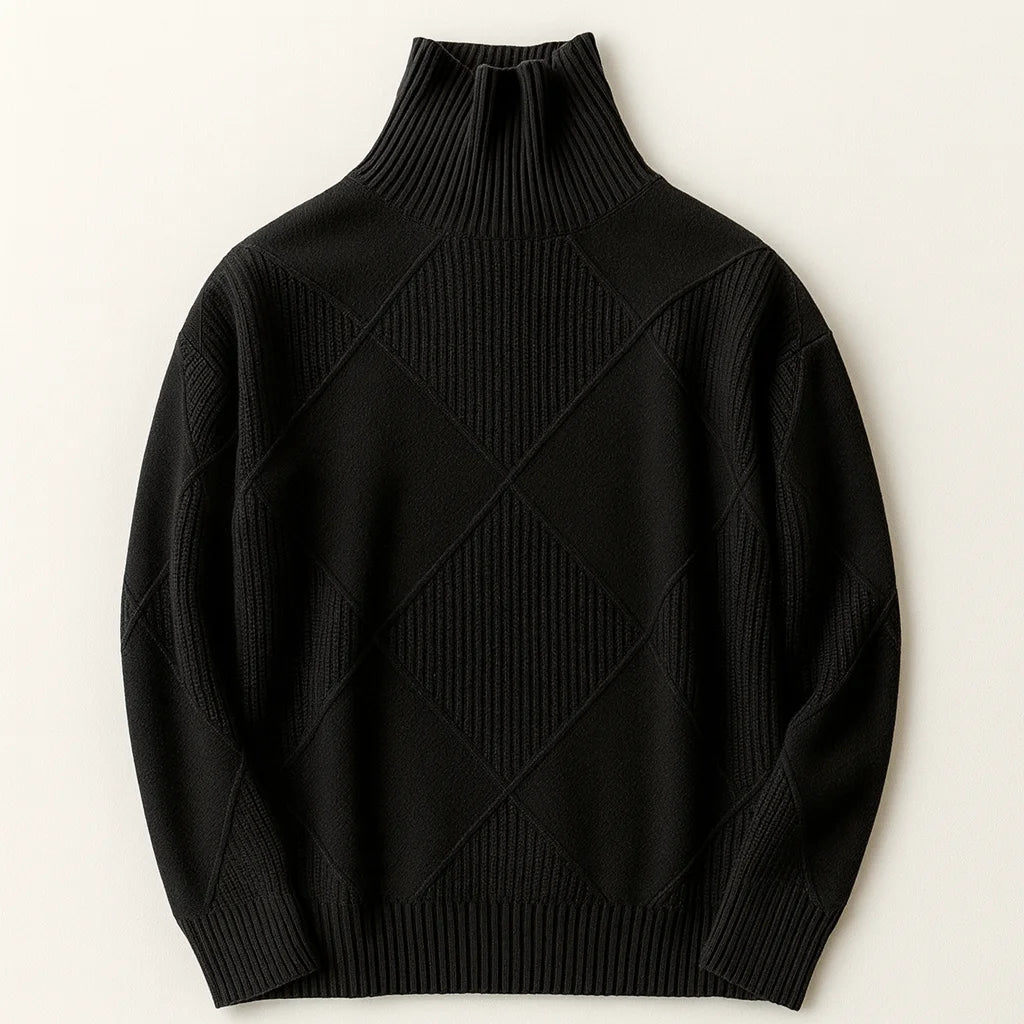 Schwarzer Damen Rollkragenpullover mit Rautenmuster, kuscheliger Strickstoff, ideal für kalte Wintertage.