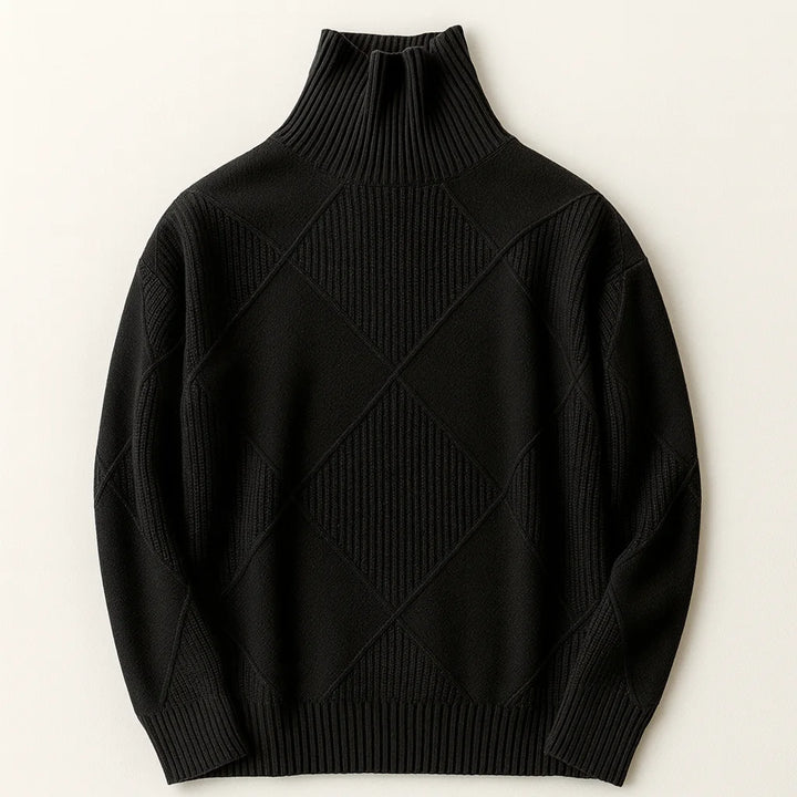 Schwarzer Damen Rollkragenpullover mit Rautenmuster, kuscheliger Strickstoff, ideal für kalte Wintertage.