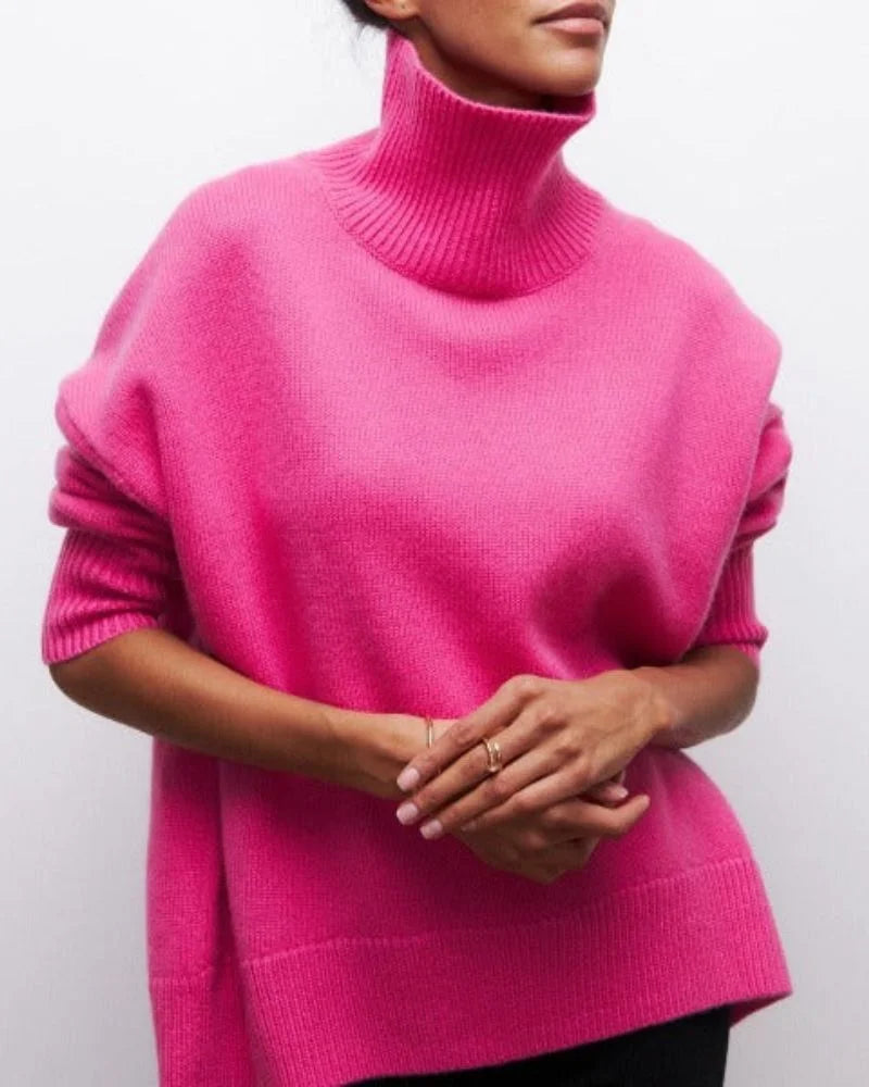 Rosa Damen Rollkragenpullover im Relaxed Fit aus weichem Strick, ideal für lässige Freizeitoutfits in kühlen Tagen.