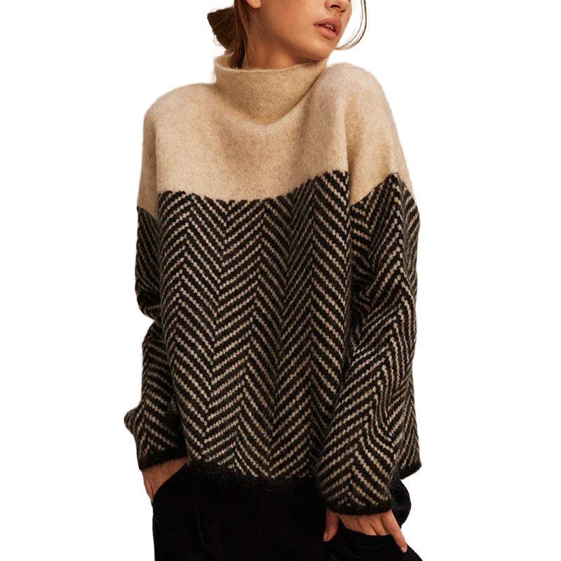 Eichenbrauner Damen Rollkragenpullover mit Strickmuster und langen Ärmeln aus weicher, atmungsaktiver Baumwolle.