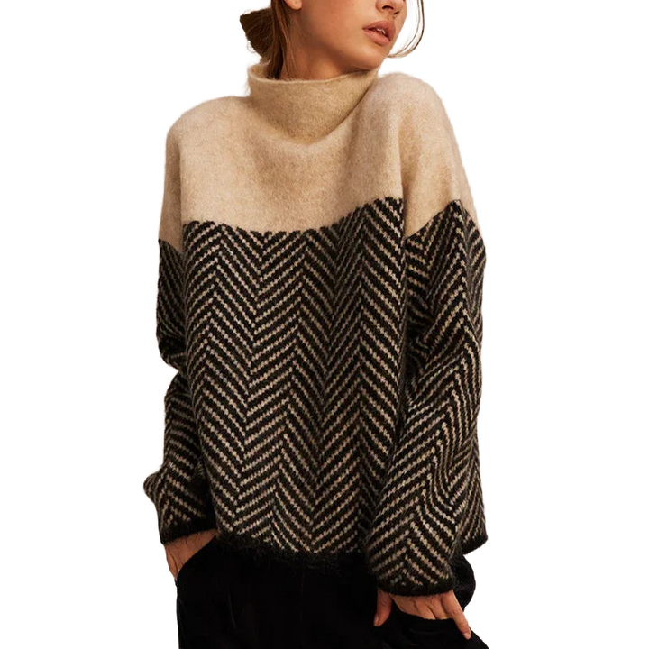 Eichenbrauner Damen Rollkragenpullover mit Strickmuster und langen Ärmeln aus weicher, atmungsaktiver Baumwolle.