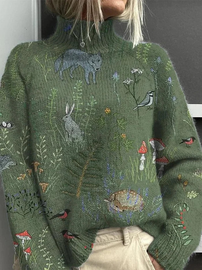 Damen Rollkragenpullover in Grün mit Waldmotiv, bequemer Passform aus weicher, atmungsaktiver Baumwolle.