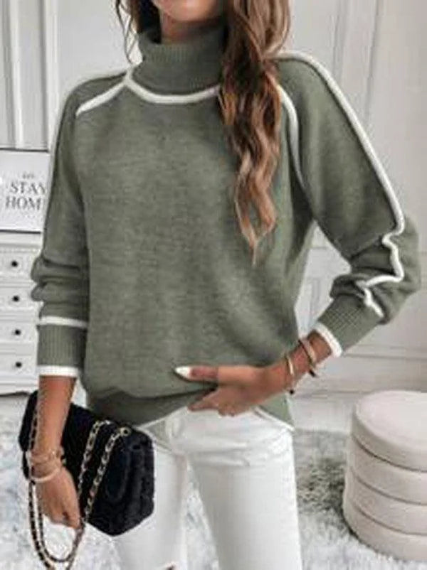 Damen Rollkragenpullover in Grün mit weißen Streifen, aus weichem, angenehmem Material und klassischem Schnitt.