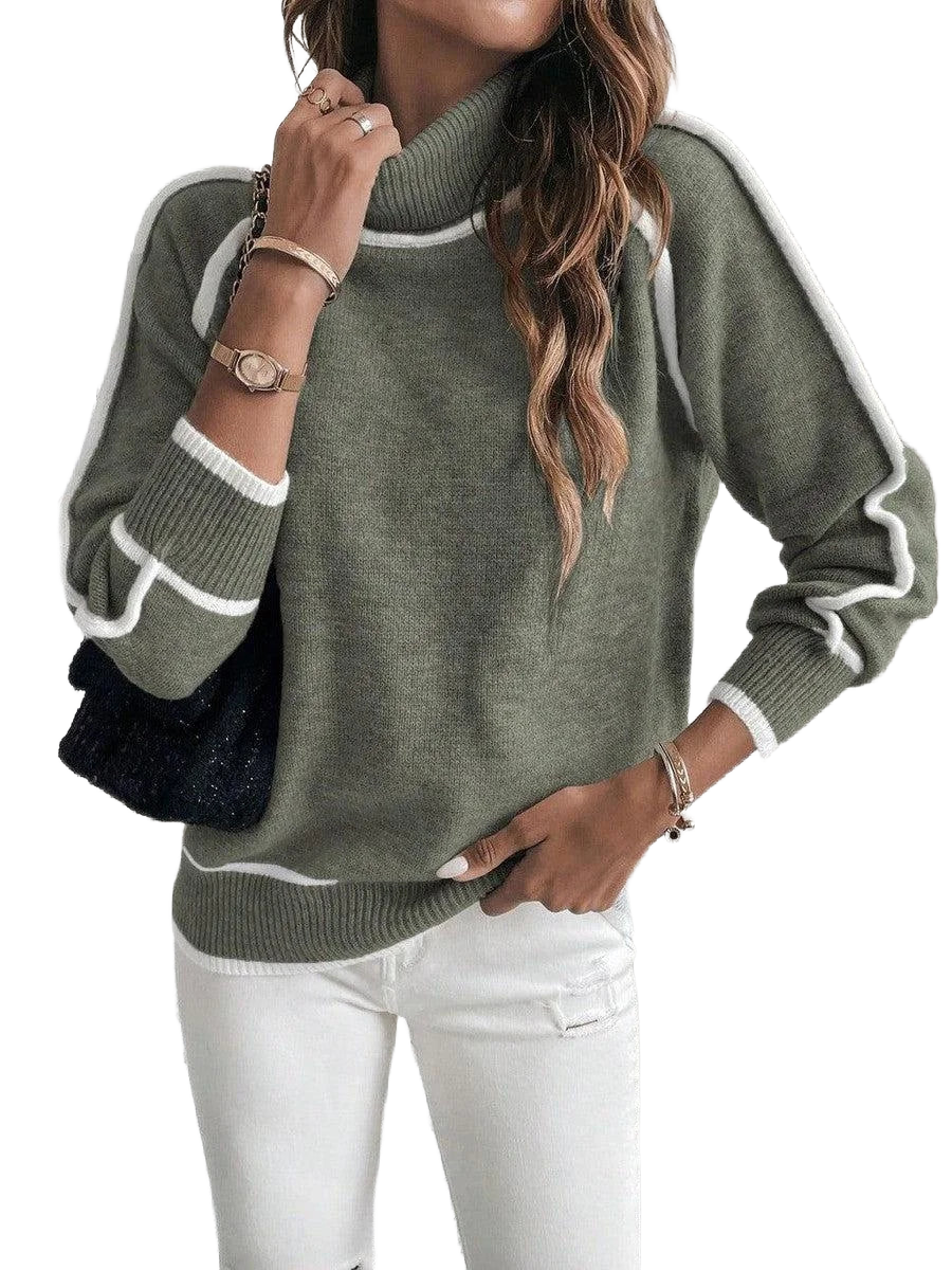 Damen Rollkragenpullover in Grün mit weißen Streifen, aus weichem Baumwollmix, ideal für kühle Tage und legere Outfits.