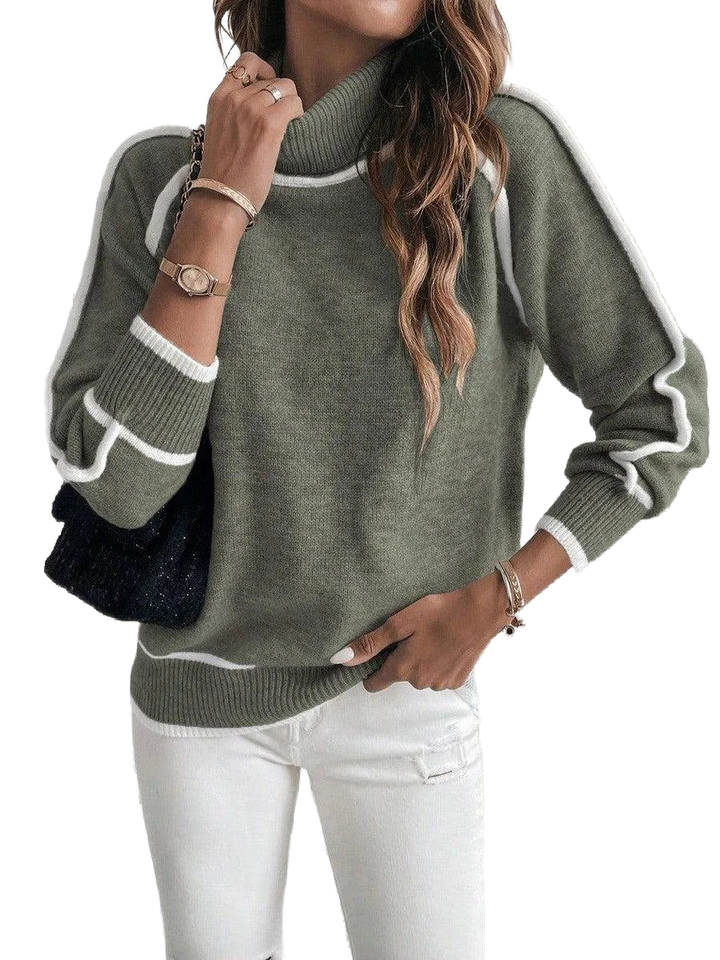 Damen Rollkragenpullover in Grün mit weißen Streifen, aus weichem Baumwollmix, ideal für kühle Tage und legere Outfits.