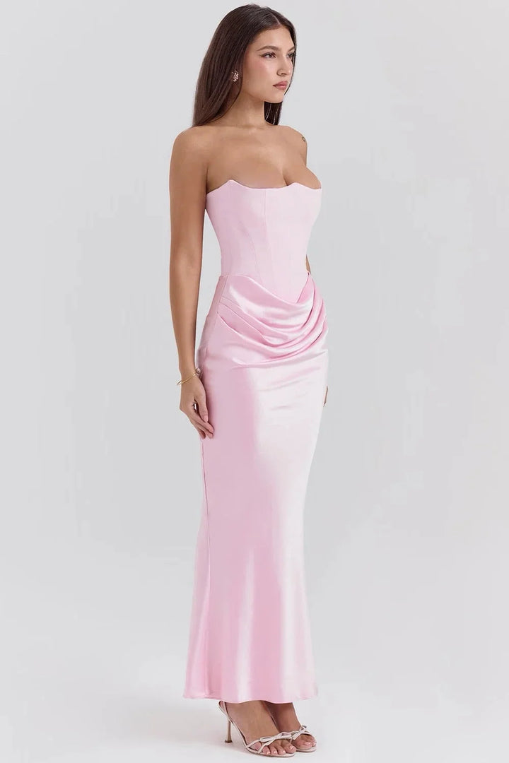 Damen Rosa Maxikleid mit Bandeau-Oberteil und Raffung – High-quality product image.