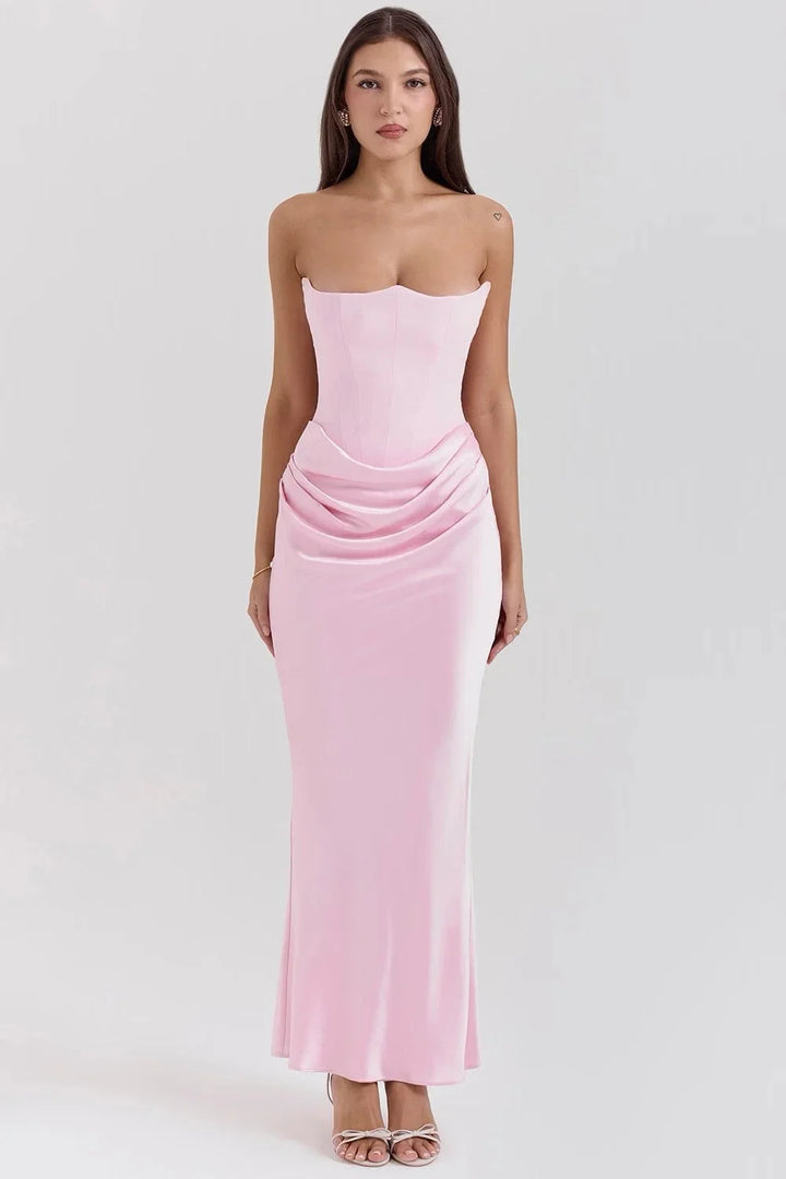 Damen Rosa Maxikleid mit Bandeau-Oberteil und Raffung – High-quality product image.