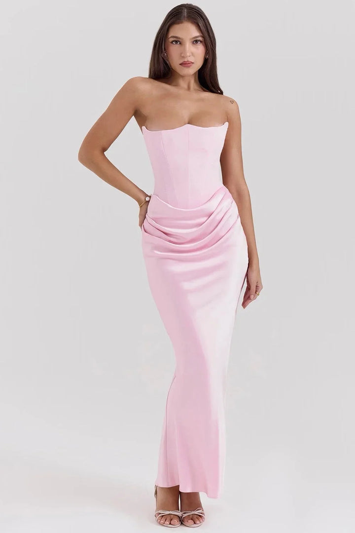 Damen Rosa Maxikleid mit Bandeau-Oberteil und Raffung – High-quality product image.