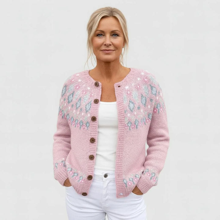Damen Rosa Strickjacke aus weichem Material mit Knopfleiste und elegantem Muster für vielseitige Styles.