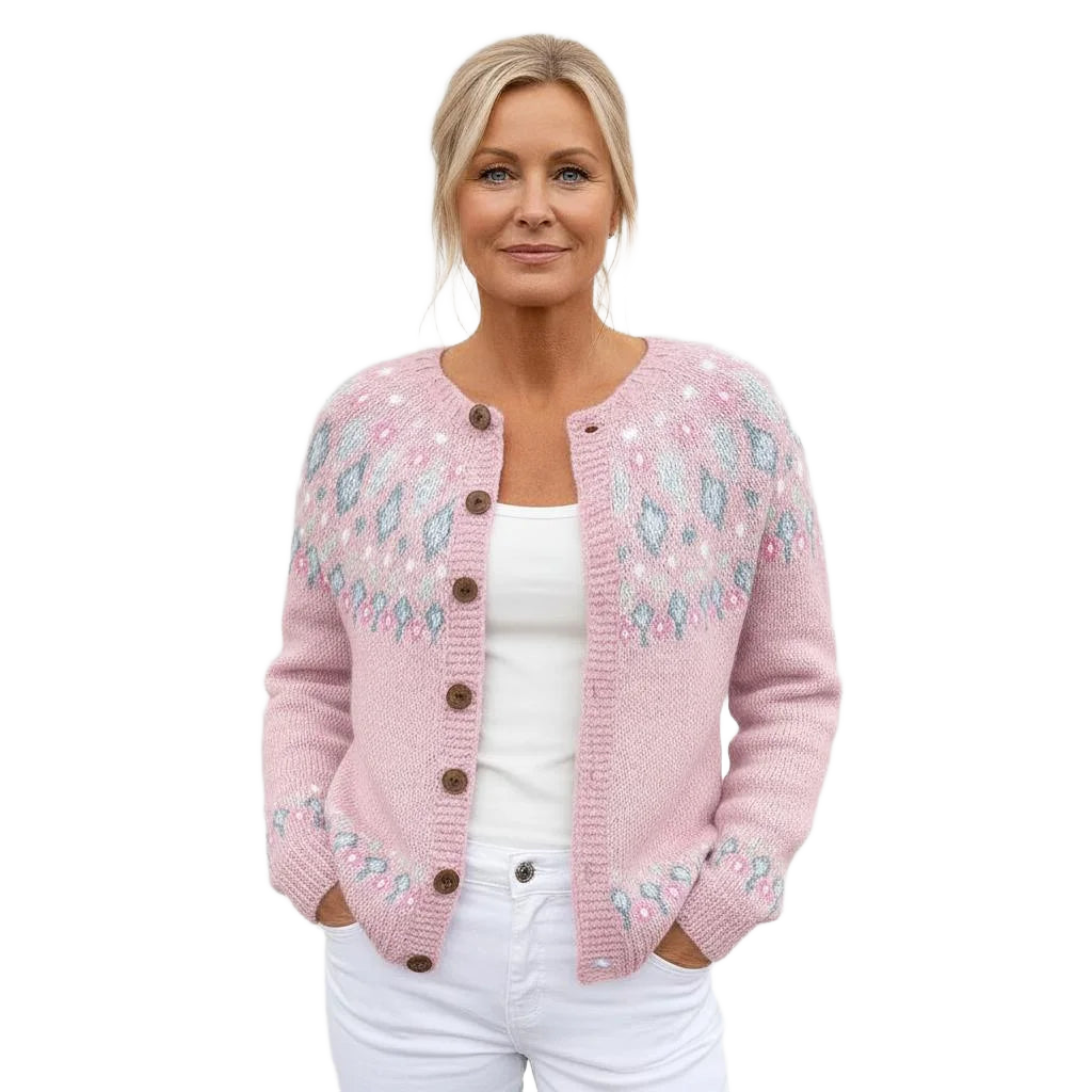 Damen Rosa Strickjacke aus weichem Material mit Knopfleiste und elegantem Muster für vielseitige Styles.