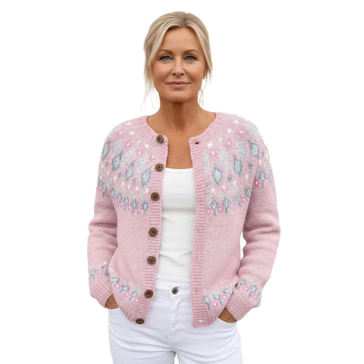 Damen Rosa Strickjacke aus weichem Material mit Knopfleiste und elegantem Muster für vielseitige Styles.