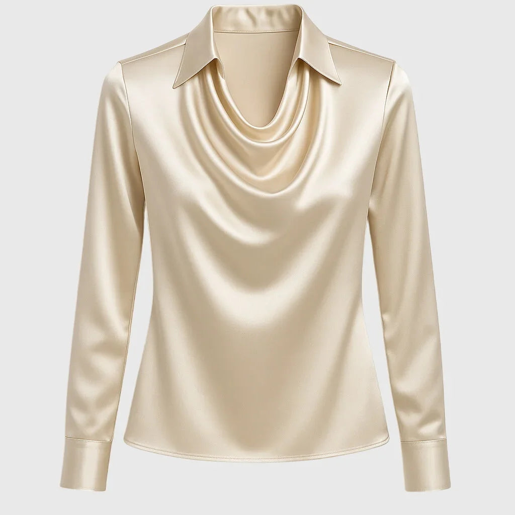 Damen Satinbluse mit Wasserfallausschnitt und Langarm