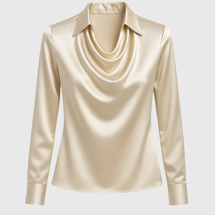 Damen Satinbluse mit Wasserfallausschnitt und Langarm