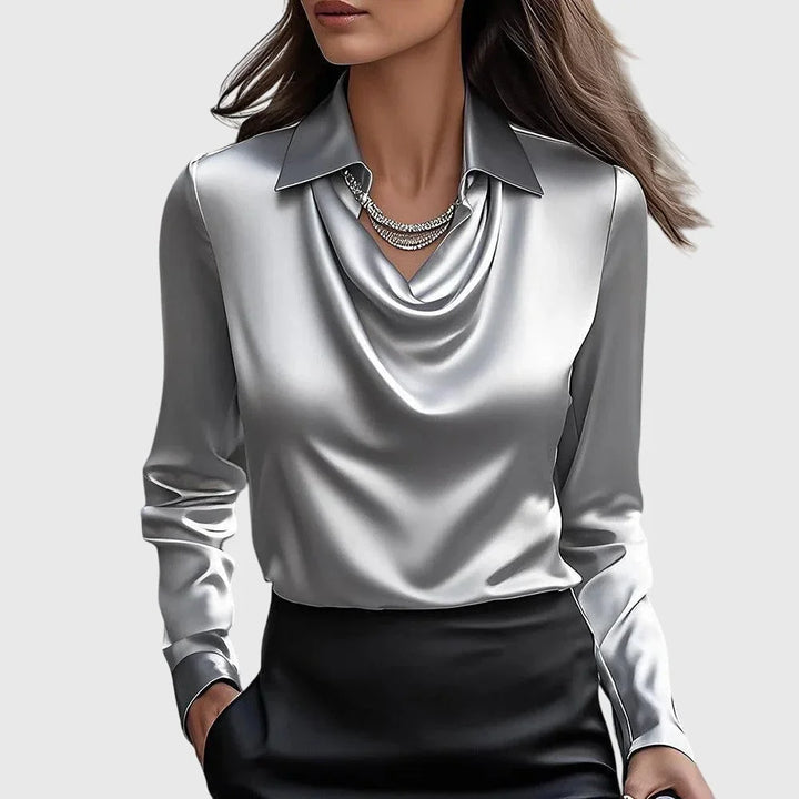 Damen Satinbluse mit Wasserfallausschnitt und Langarm