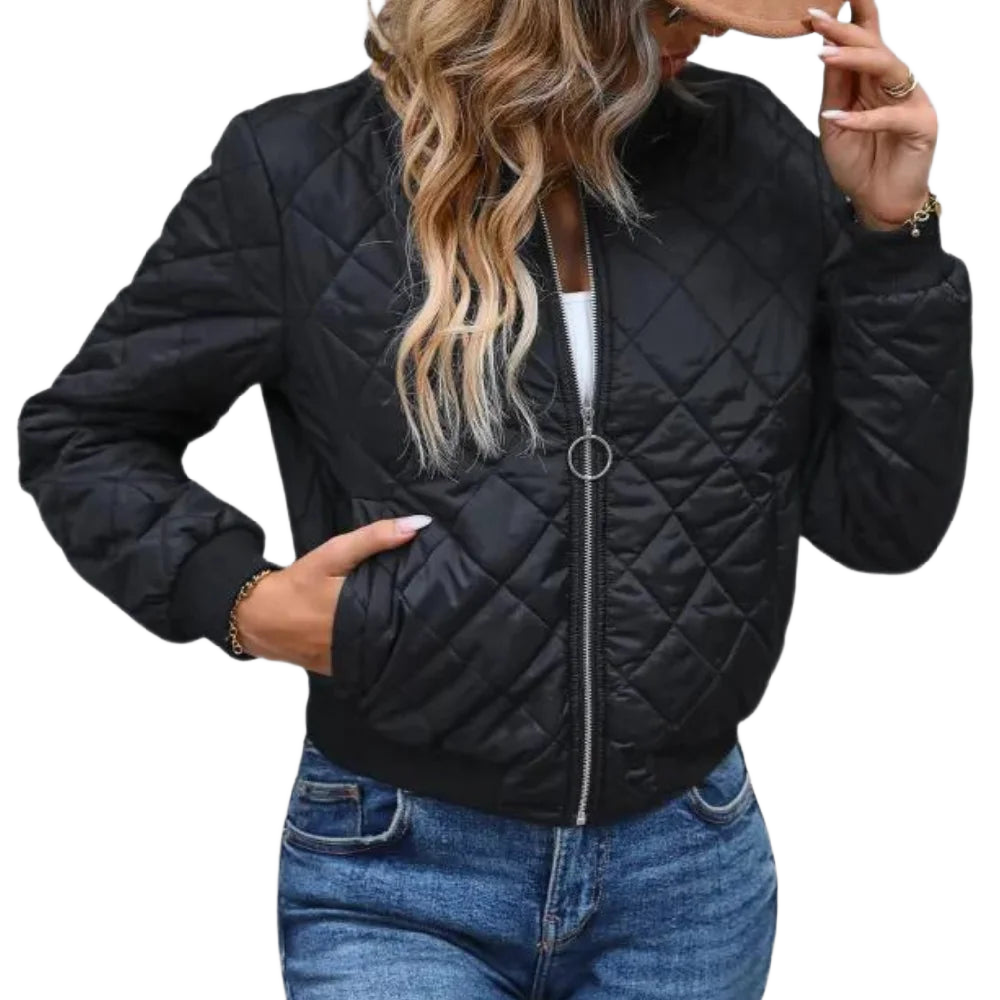 Schwarze Stepp-Bomberjacke für Damen mit Reißverschluss, aus strapazierfähigem Material und elastischen Ärmelbündchen.