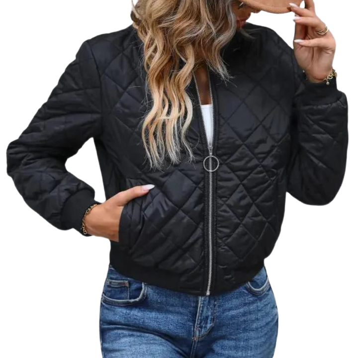 Schwarze Stepp-Bomberjacke für Damen mit Reißverschluss, aus strapazierfähigem Material und elastischen Ärmelbündchen.