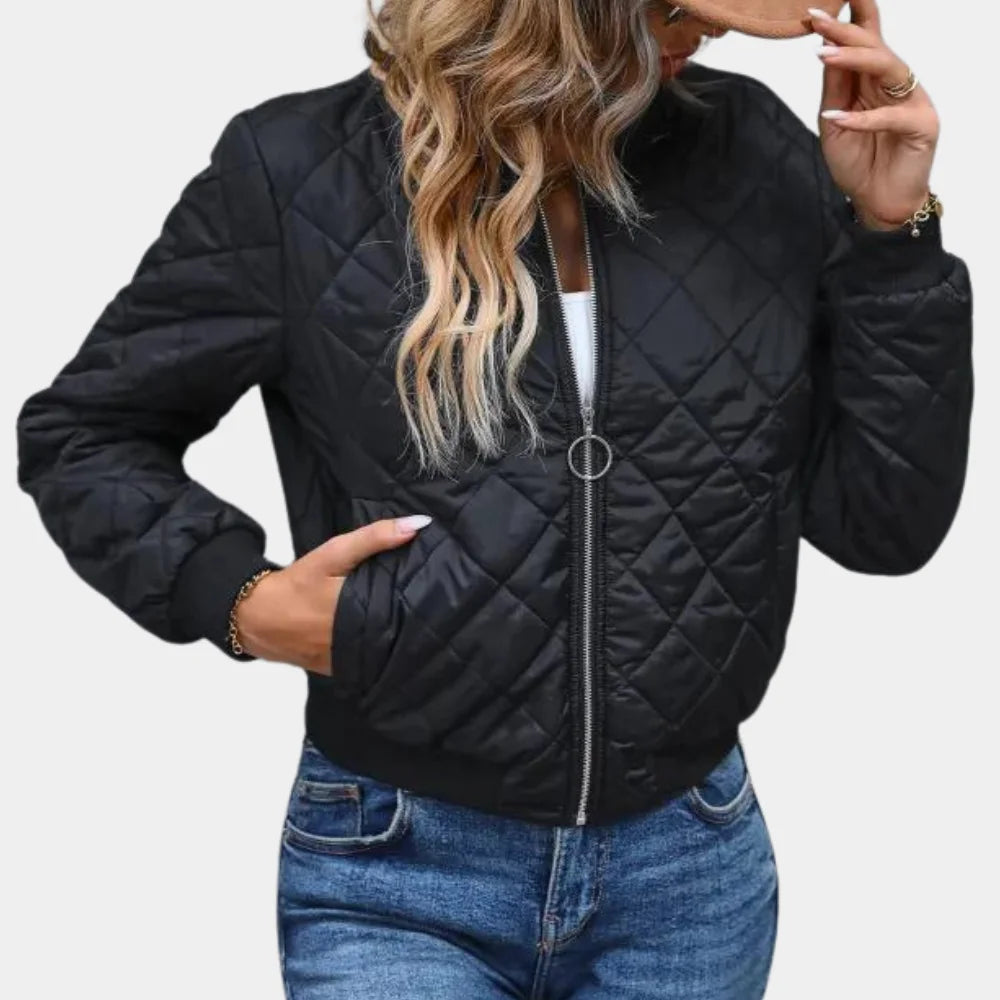 Schwarze Stepp-Bomberjacke für Damen mit Reißverschluss, aus strapazierfähigem Material und elastischen Ärmelbündchen.