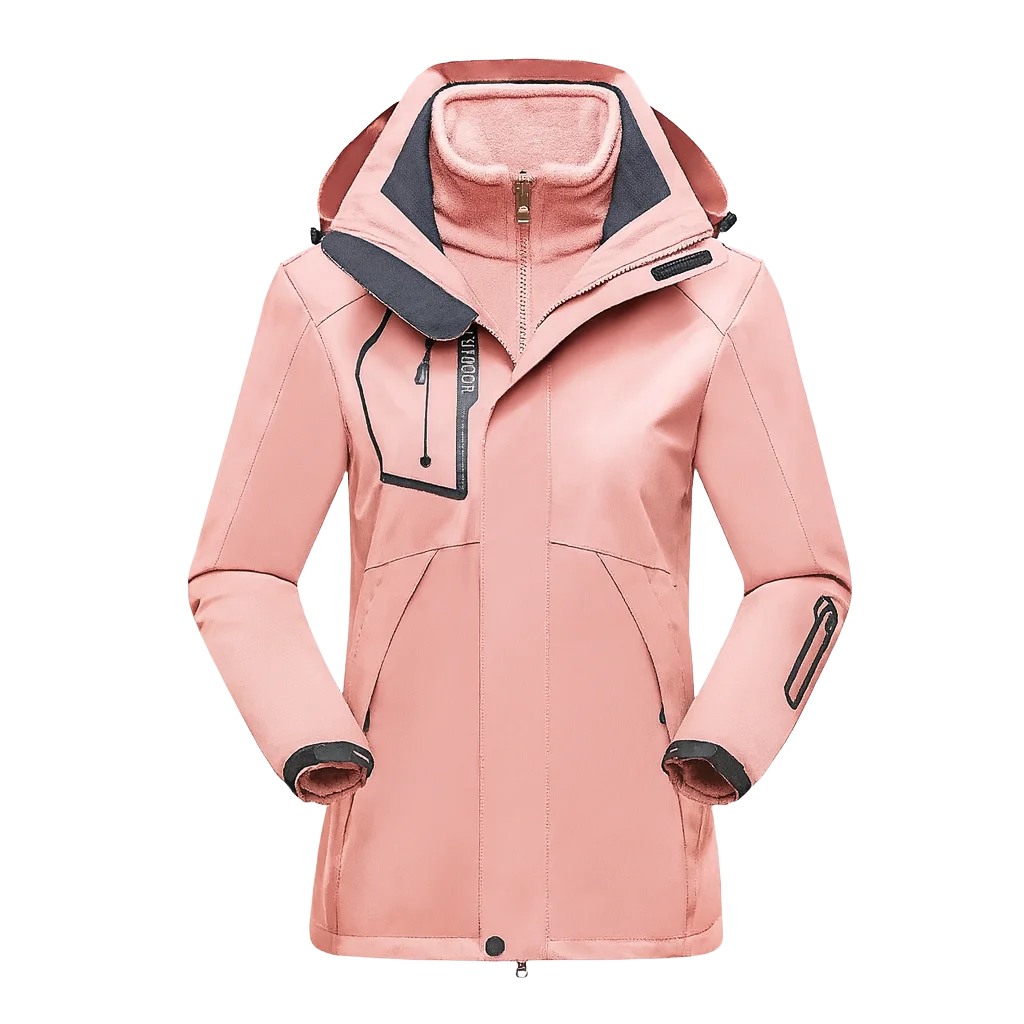 Rosa Damen Skijacke mit Fleece-Innenfutter, abnehmbarer Kapuze und wasserabweisendem Material für besten Kälteschutz.
