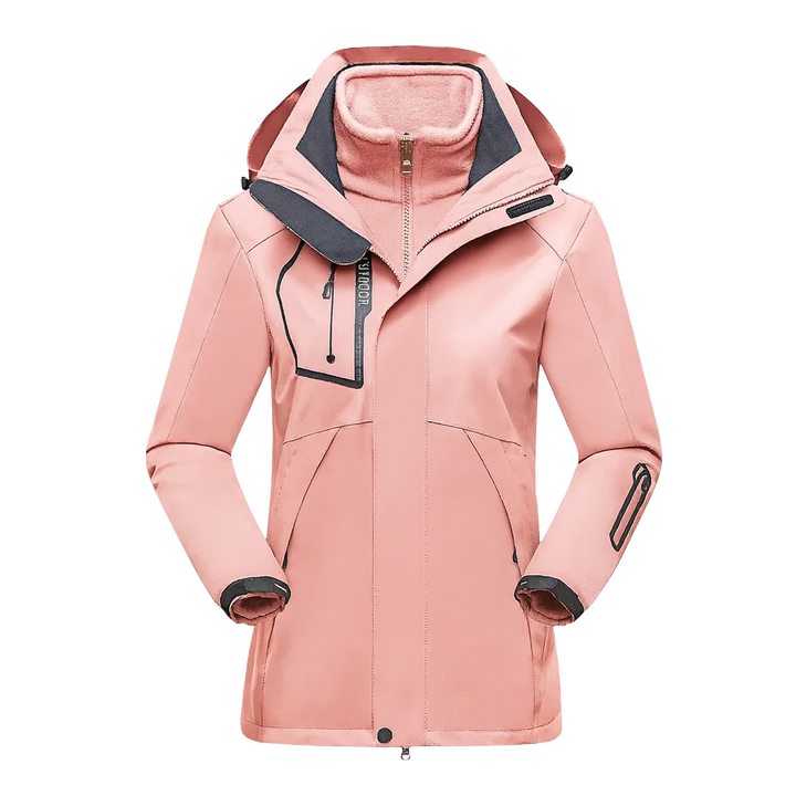 Rosa Damen Skijacke mit Fleece-Innenfutter, abnehmbarer Kapuze und wasserabweisendem Material für besten Kälteschutz.