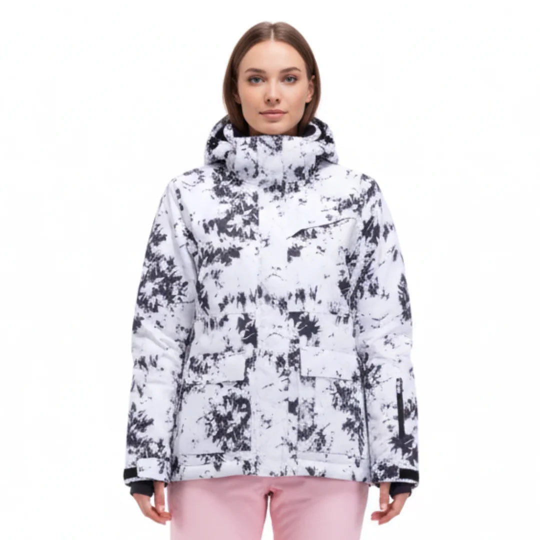 Damen Skijacke mit Grafikdesign, wasserabweisend, Kapuze und durchgehendem Reißverschluss für optimalen Schutz.
