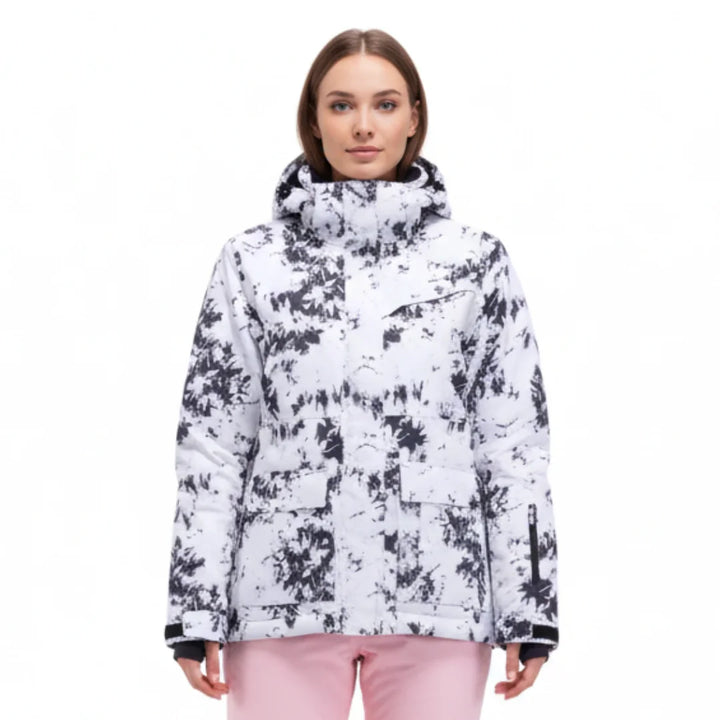 Damen Skijacke mit Grafikdesign, wasserabweisend, Kapuze und durchgehendem Reißverschluss für optimalen Schutz.