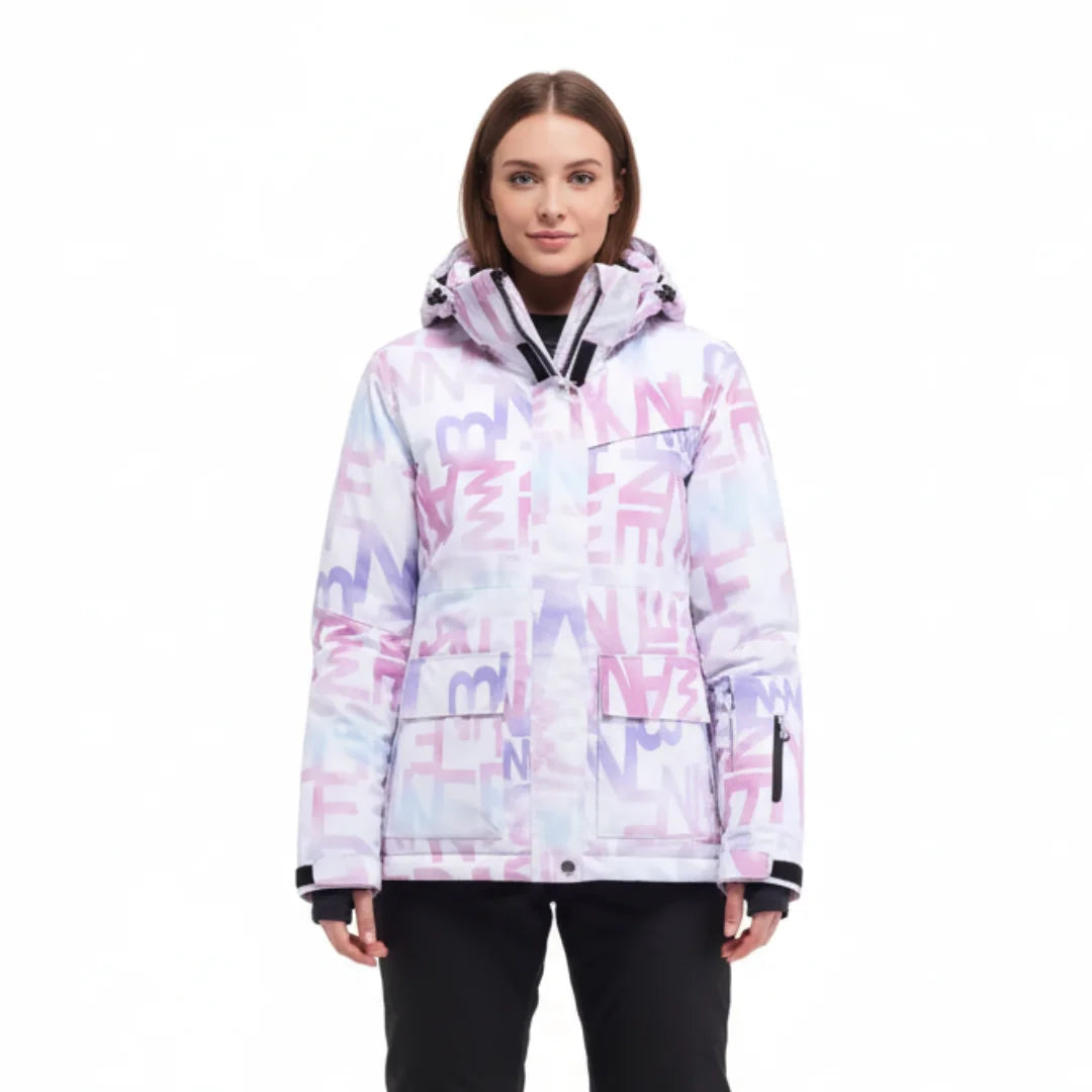 Damen Skijacke mit grafischem Design, Kapuze und wasserabweisendem Material für Komfort und Schutz auf der Piste.