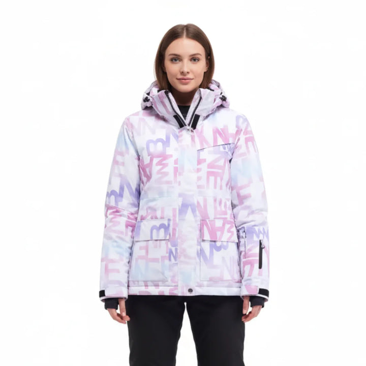 Damen Skijacke mit grafischem Design, Kapuze und wasserabweisendem Material für Komfort und Schutz auf der Piste.