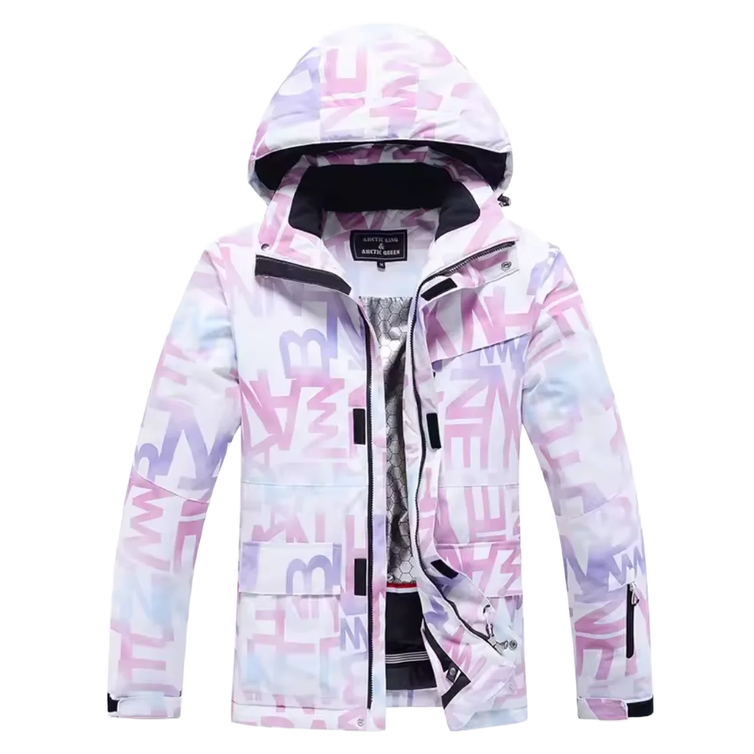 Rosa Damen Skijacke mit Kapuze, aus wasserabweisendem Material, auffälligem Grafikdesign und praktischen Taschen.