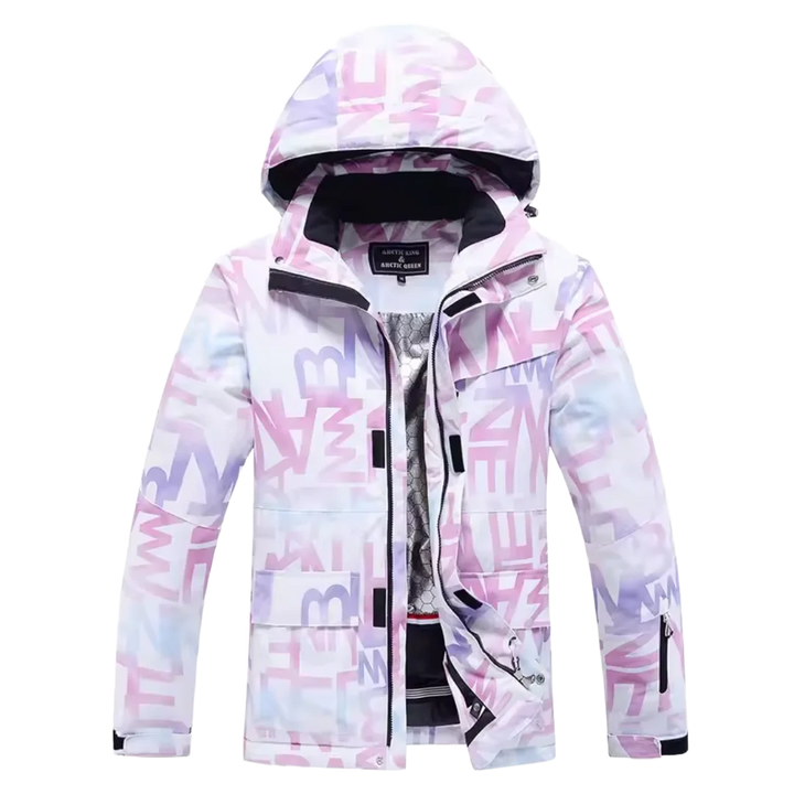 Rosa Damen Skijacke mit Kapuze, aus wasserabweisendem Material, auffälligem Grafikdesign und praktischen Taschen.