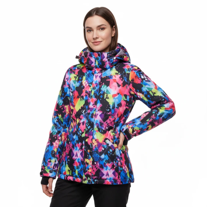 Damen Skijacke mit Kapuze, modernem Muster, wasserabweisend, atmungsaktiv und isoliert für warme Schneetage.