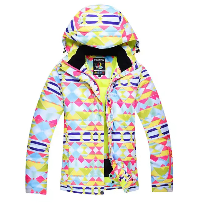 Damen Skijacke in Mehrfarbig 4 mit Kapuze, wetterfestem Material und modernem, geometrischem Muster für optimalen Komfort.