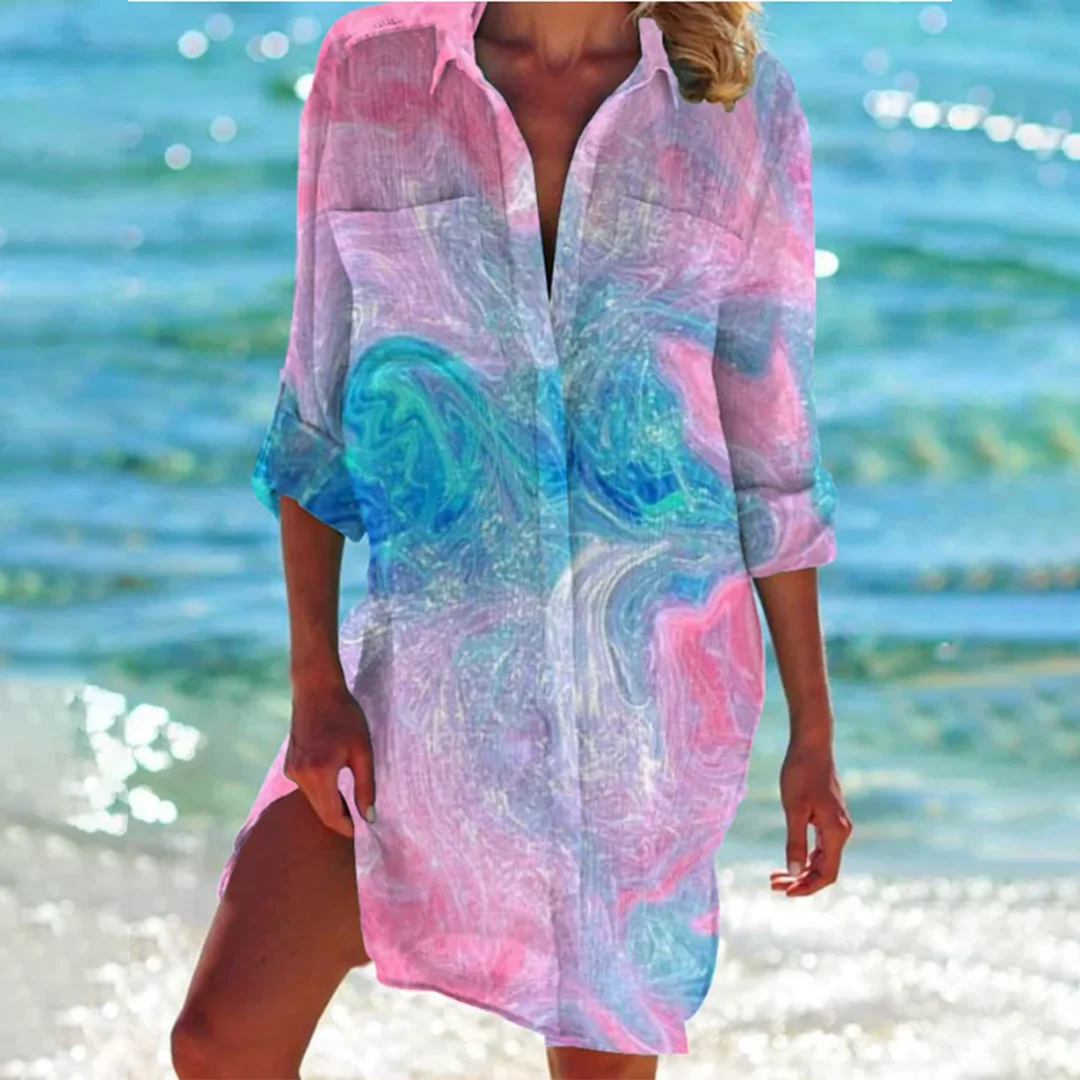 Rosa Meerjungfrau Damen Sommer-Shirt in Batik-Optik, kurzärmelig mit Knopfleiste, ideal für entspannte Sommerlooks.
